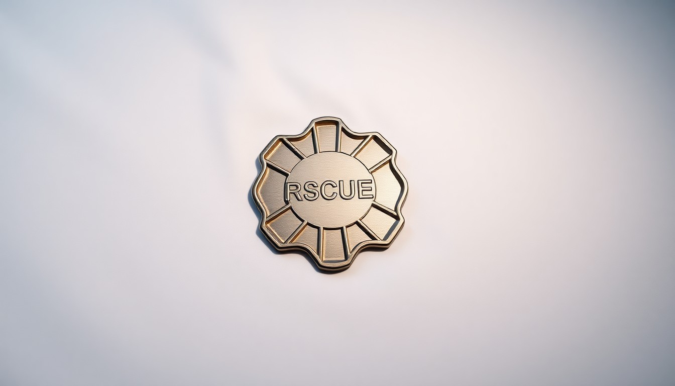 A close-up, high-contrast photograph of a polished metal rescue squad badge or patch, placed on a clean white background and dramatically lit to convey the serious, professional nature of the organization's work.