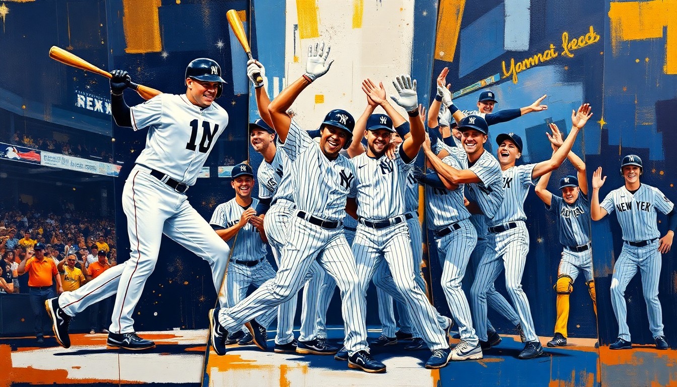 A cubist, geometric painting depicting the key moments of the Yankees' home opener victory - a fractured, overlapping view of Aaron Judge's powerful home run swing, Ben Rice's celebratory pose after his solo shot, and the team's collective joy after the final out, all rendered in vibrant navy, pinstripe white, and metallic gold tones.