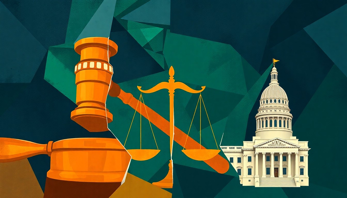 An abstract, fragmented painting in shades of blue, green, and orange, conceptually representing the political tensions and clashing policies between the Wisconsin governor and state legislature.