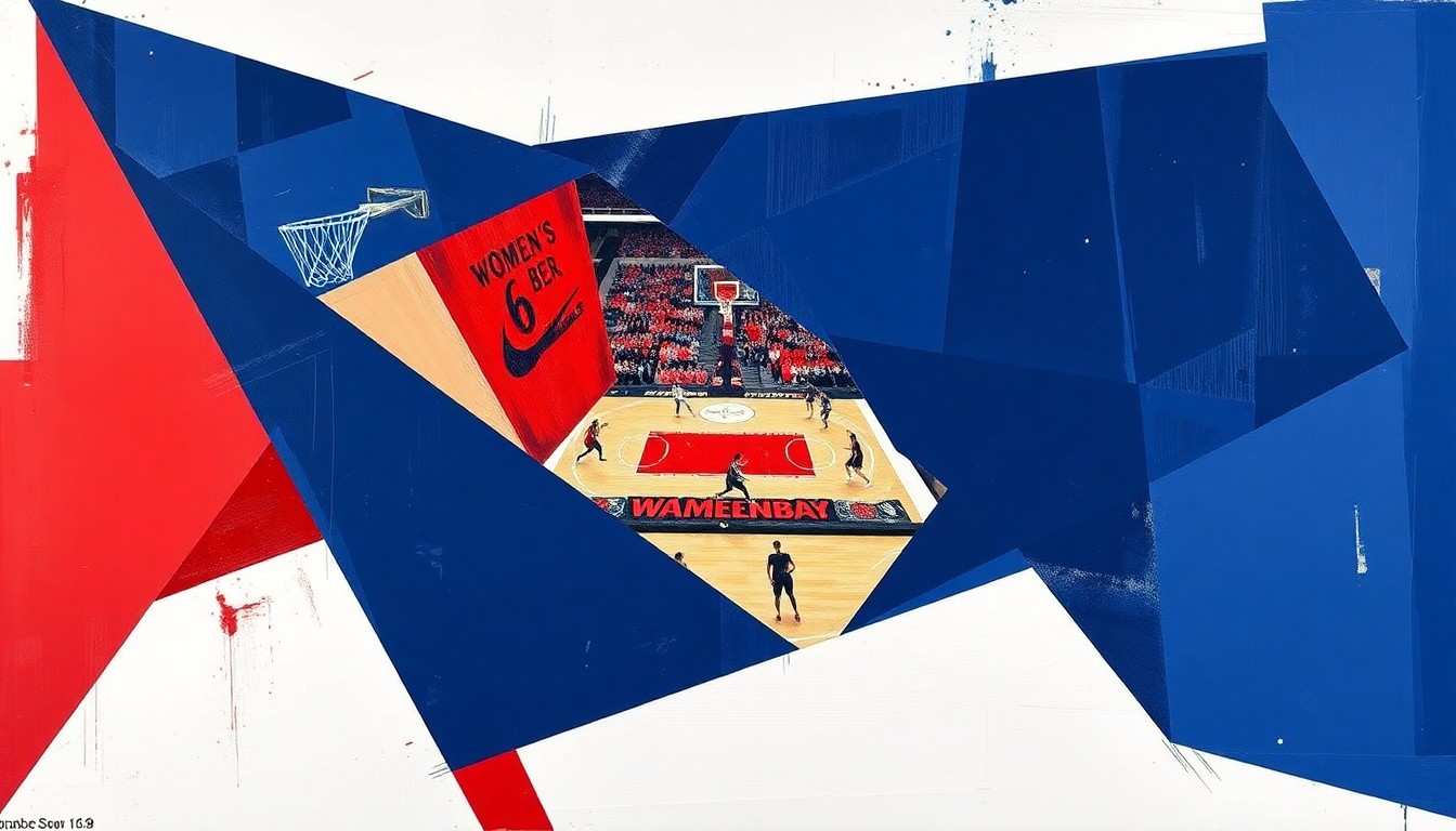 A fragmented, geometric painting depicting the dynamic movements and competitive energy of a women's basketball game, with sharp planes of navy, red, and white intersecting to create an abstract, multi-dimensional visual.