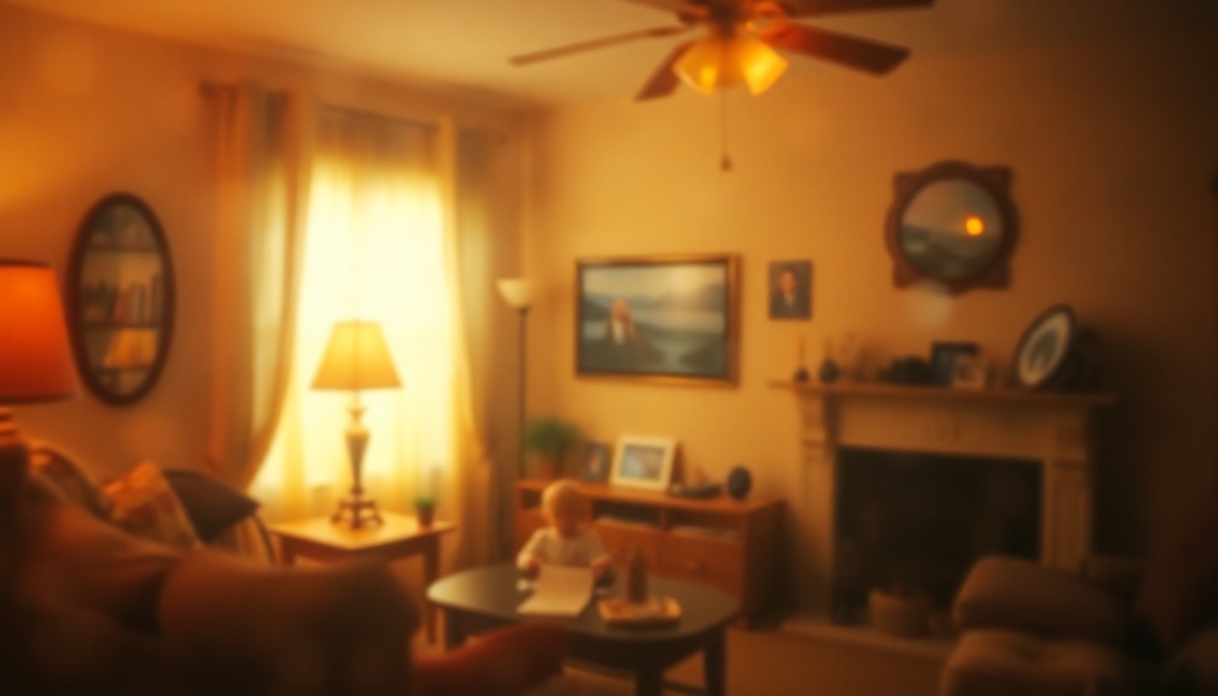An extremely blurred, atmospheric image of a cozy living room with framed family photos and other personal mementos visible through the hazy, out-of-focus lens, conveying a sense of warmth, nostalgia, and the passage of time.