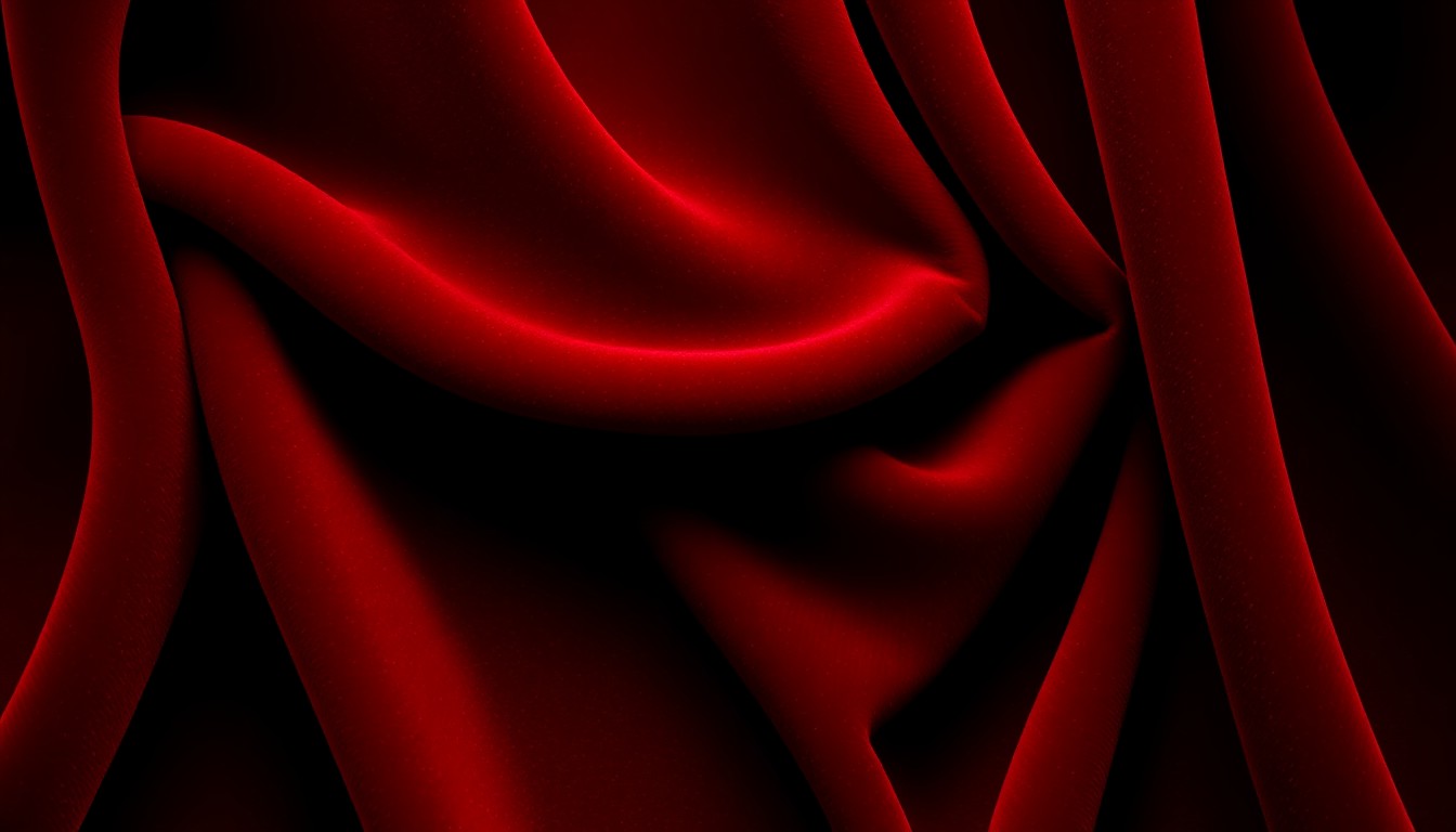 An extreme close-up photograph of lush, deep red velvet fabric, the fibers and texture captured in dramatic, high-contrast studio lighting to create a sense of luxury and glamour.