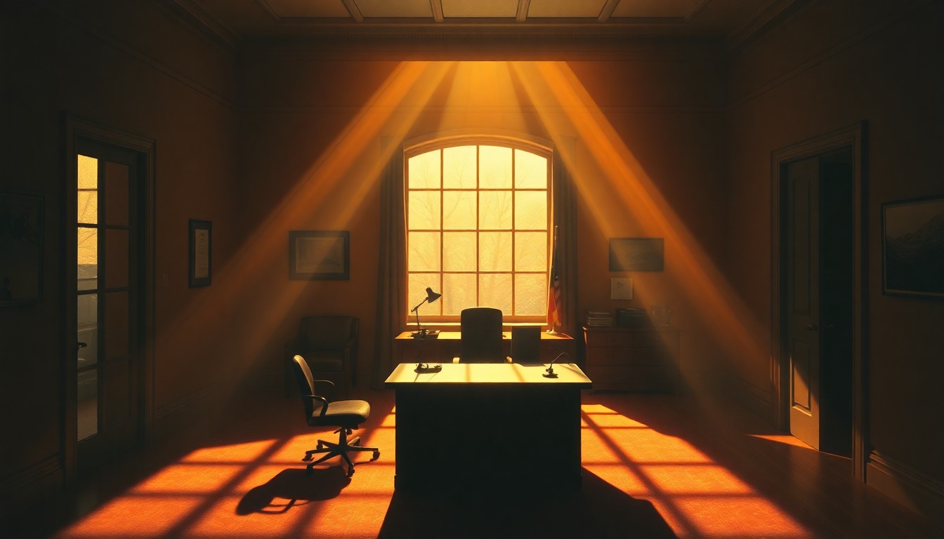 A dimly lit, cinematic painting of a mayoral office desk or city hall interior, with warm sunlight streaming in through a window and casting deep shadows across the room, evoking a sense of quiet contemplation and the weight of civic responsibility.