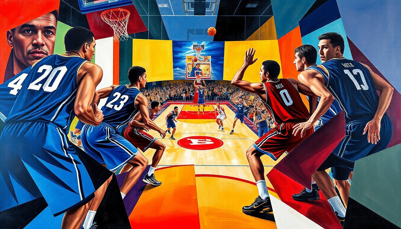 A cubist, geometric painting depicting a fragmented college basketball game, with players' bodies and the ball broken down into overlapping planes of vibrant colors representing the competing teams' uniforms.