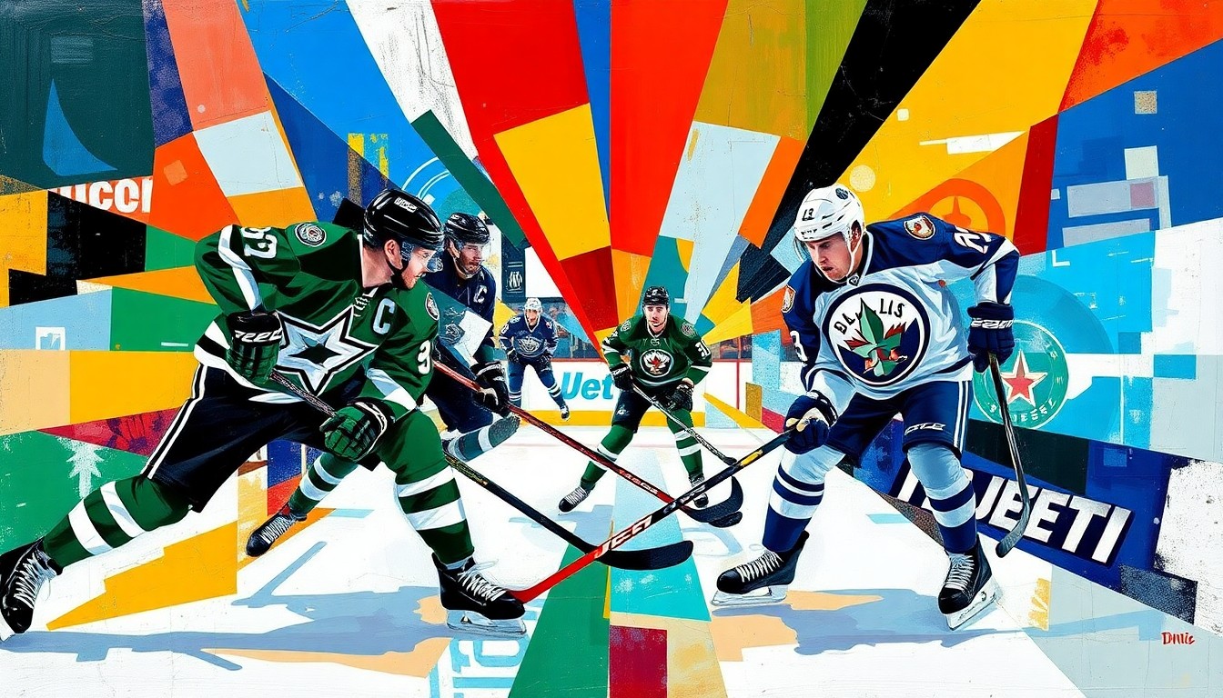 A fractured, geometric painting in vibrant colors representing a hockey game between the Dallas Stars and Winnipeg Jets, with sharp, overlapping planes conveying the dynamic action on the ice.