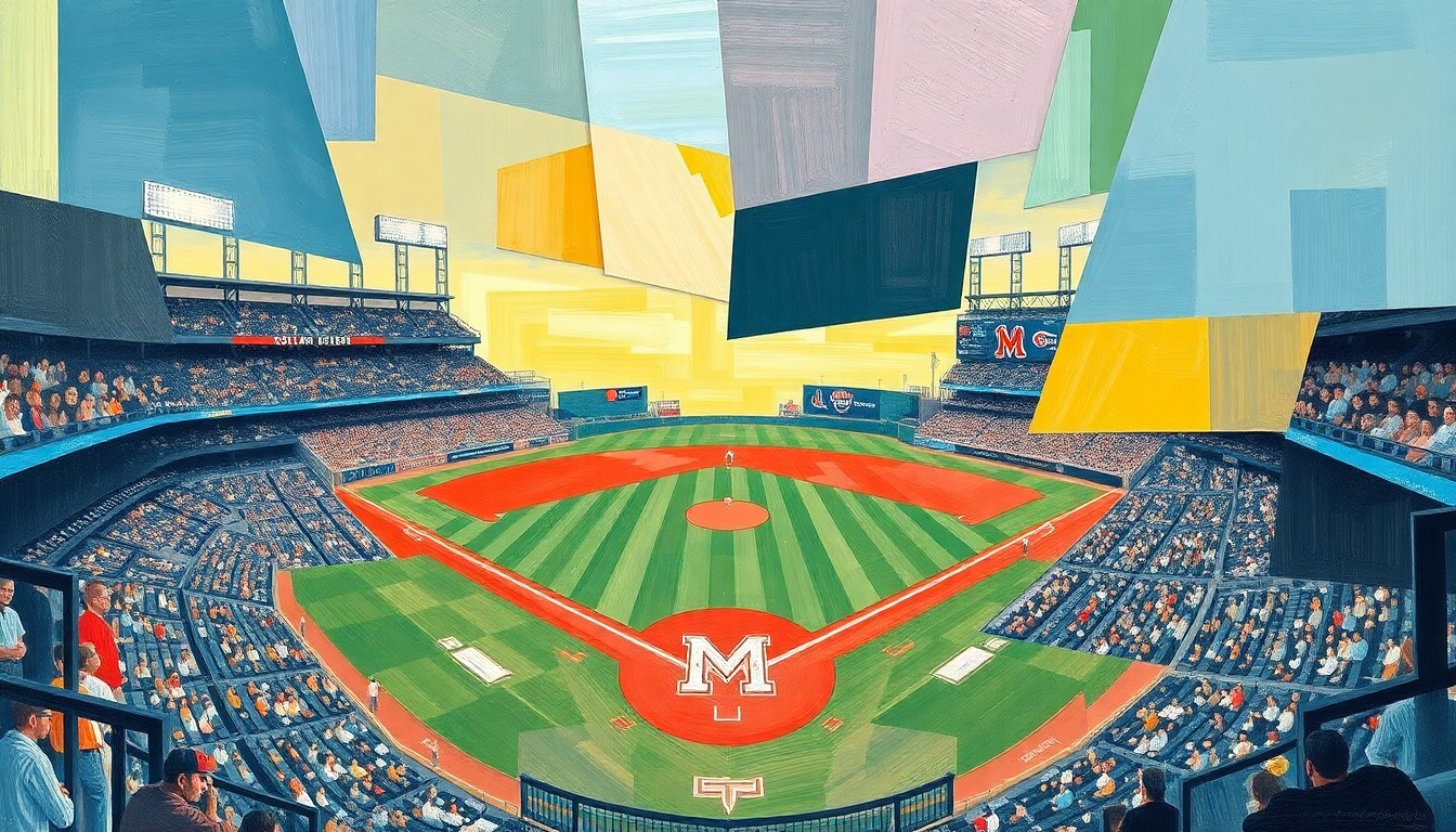 A cubist, geometric painting depicting a baseball game in motion, with players and the field fragmented into overlapping planes of color and shape, conveying the dynamic energy of the Mud Hens' high-scoring victory.