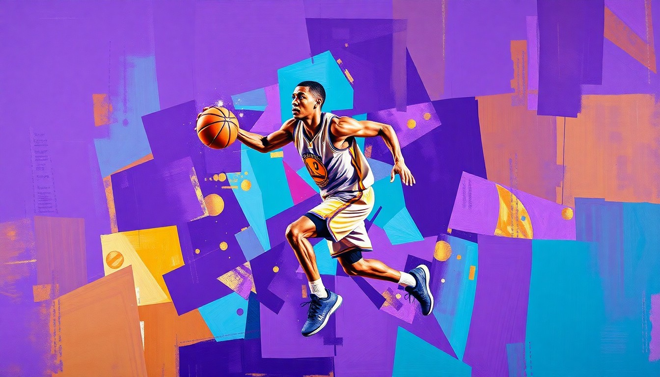A cubist, geometric painting depicting a basketball player in motion, with sharp, overlapping shapes in vibrant colors representing the fragmented nature of the player's injury and its impact on the team.