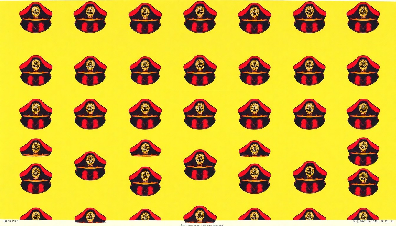 A bold, colorful silkscreen print featuring a vintage train conductor's hat repeated in a grid, conceptually representing the influential work of Rod Diridon in developing Silicon Valley's public transportation system.