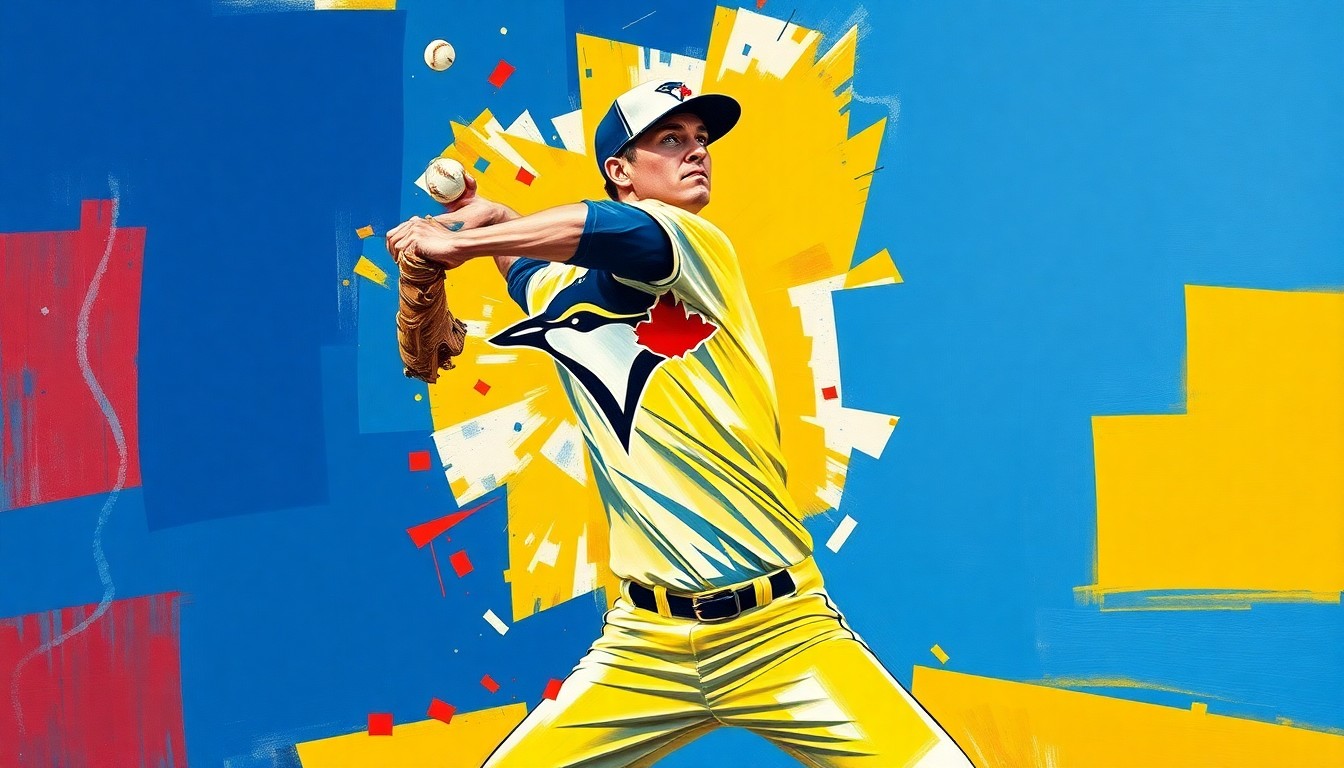 A fractured, multi-perspective painting depicting a baseball pitcher's windup and delivery, broken down into sharp, overlapping geometric planes in vibrant blue, red, and yellow colors.