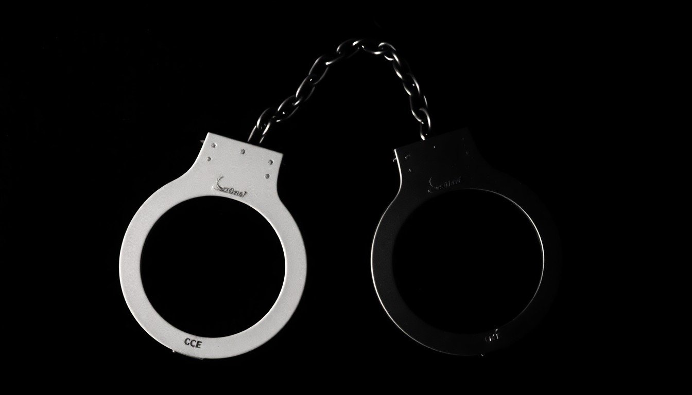 An extreme close-up of a pair of handcuffs against a stark black background, creating a gritty, investigative aesthetic that conceptually represents the gravity of the charges against the former city employee.