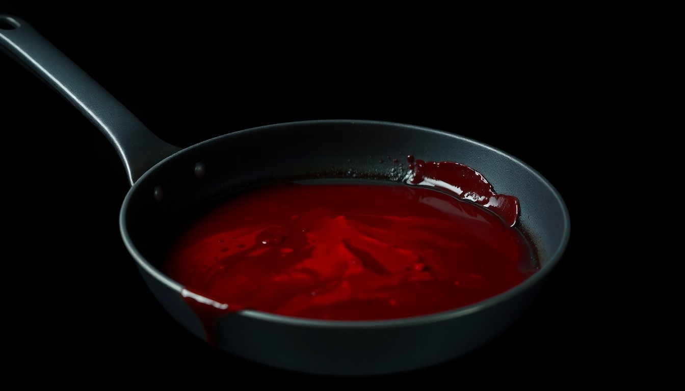 An extreme close-up of a bloodied frying pan against a stark black background, conveying the gritty, violent nature of the crime without depicting any actual violence or victims.
