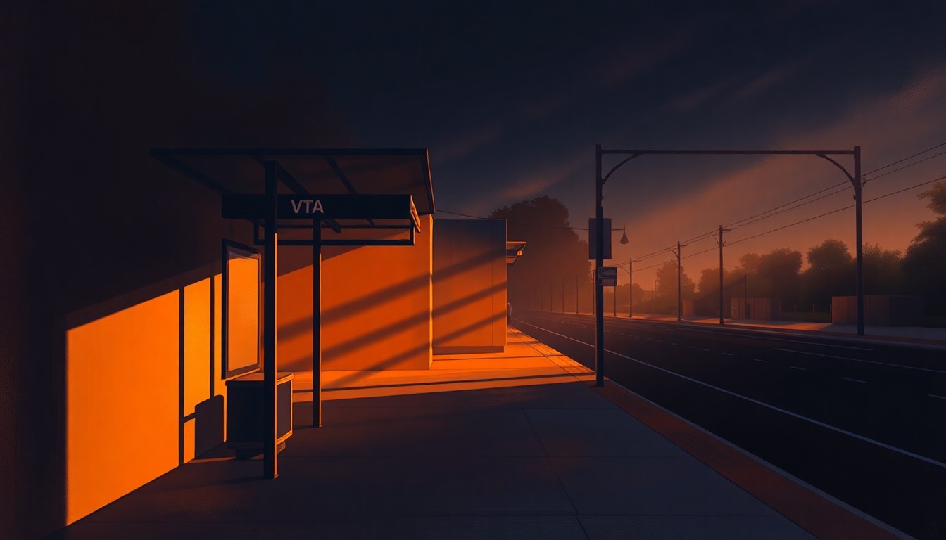 A serene, cinematic painting of a solitary VTA bus stop or light rail station, with warm sunlight and deep shadows creating a contemplative, nostalgic mood that reflects the transit agency's efforts to create a welcoming, inclusive environment for all riders.