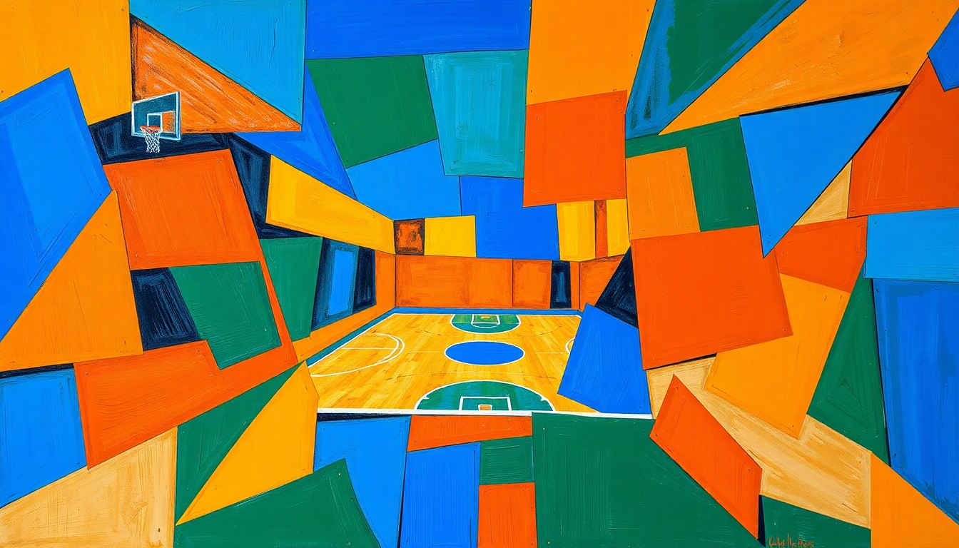 A cubist, multi-perspective painting in shades of blue, orange, and green, depicting the fragmented movements and energy of a basketball game, without any recognizable players or team logos.
