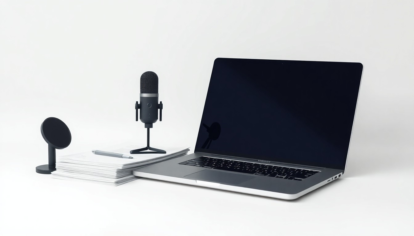 A photorealistic studio still life featuring a sleek laptop, professional microphone, and business documents, symbolizing Recall.ai's enterprise-focused technology and sales approach.