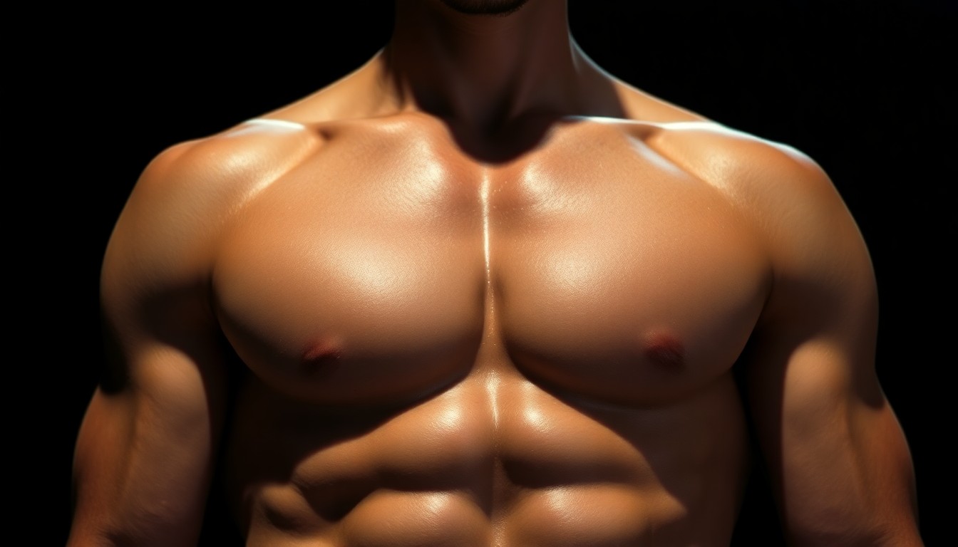 An abstract close-up photograph of a toned, tanned midriff in a cropped top, captured with dramatic lighting and high contrast to create a glamorous, high-fashion aesthetic.