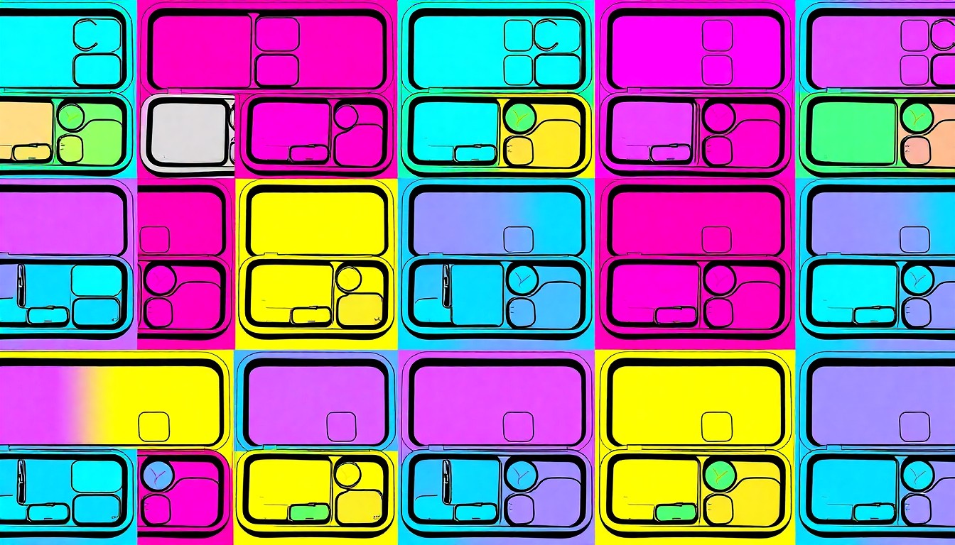 A brightly colored, high-contrast silkscreen print of a school lunch tray, repeated in a tight grid pattern, conceptually representing the financial pressures on school nutrition programs.