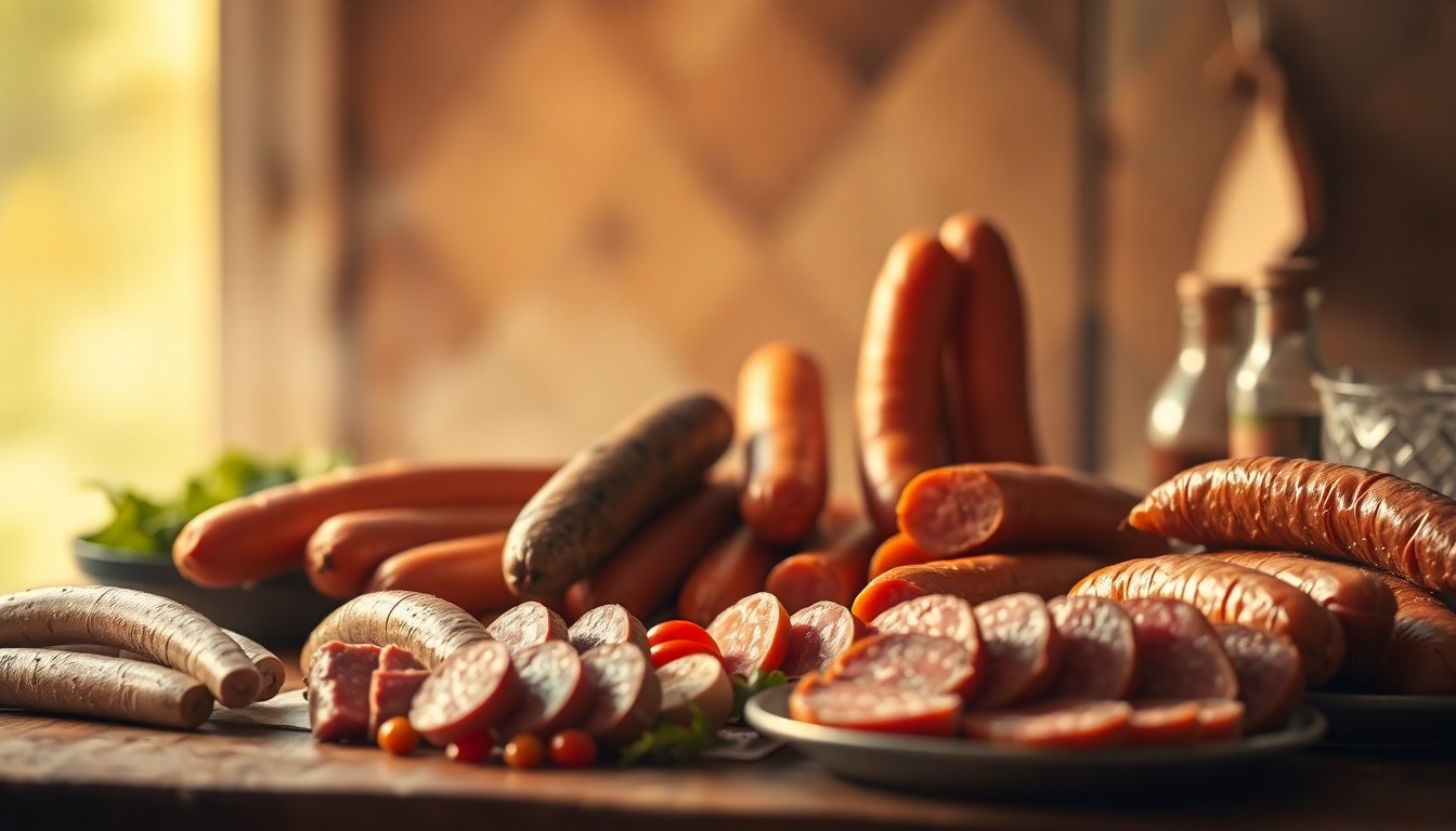 An abstract, impressionistic photograph showing a table full of various sausages and cured meats in soft, warm tones, with the background blurred into a hazy, dreamlike setting.