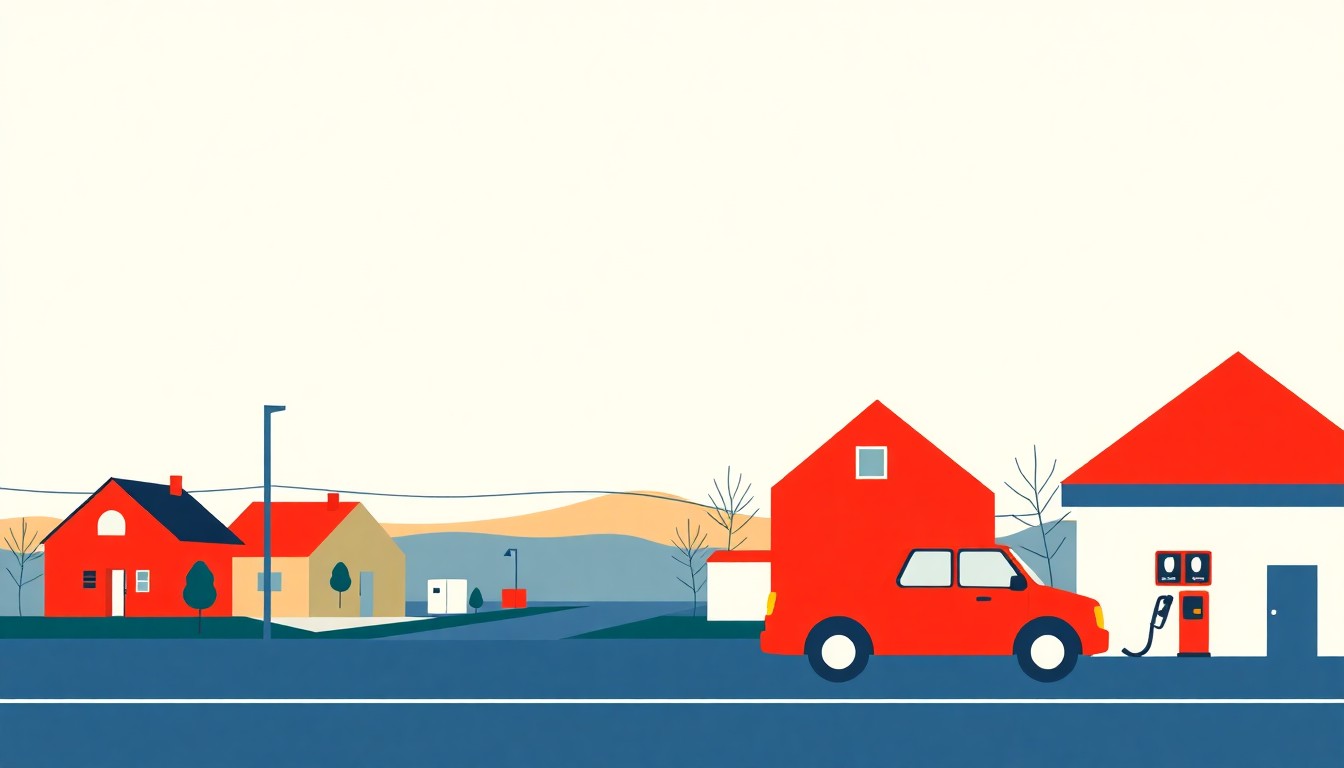 A vibrant abstract illustration composed of overlapping triangles and circles in shades of blue, red, and yellow, conceptually representing the fluctuating and burdensome nature of rising fuel costs for a local community.