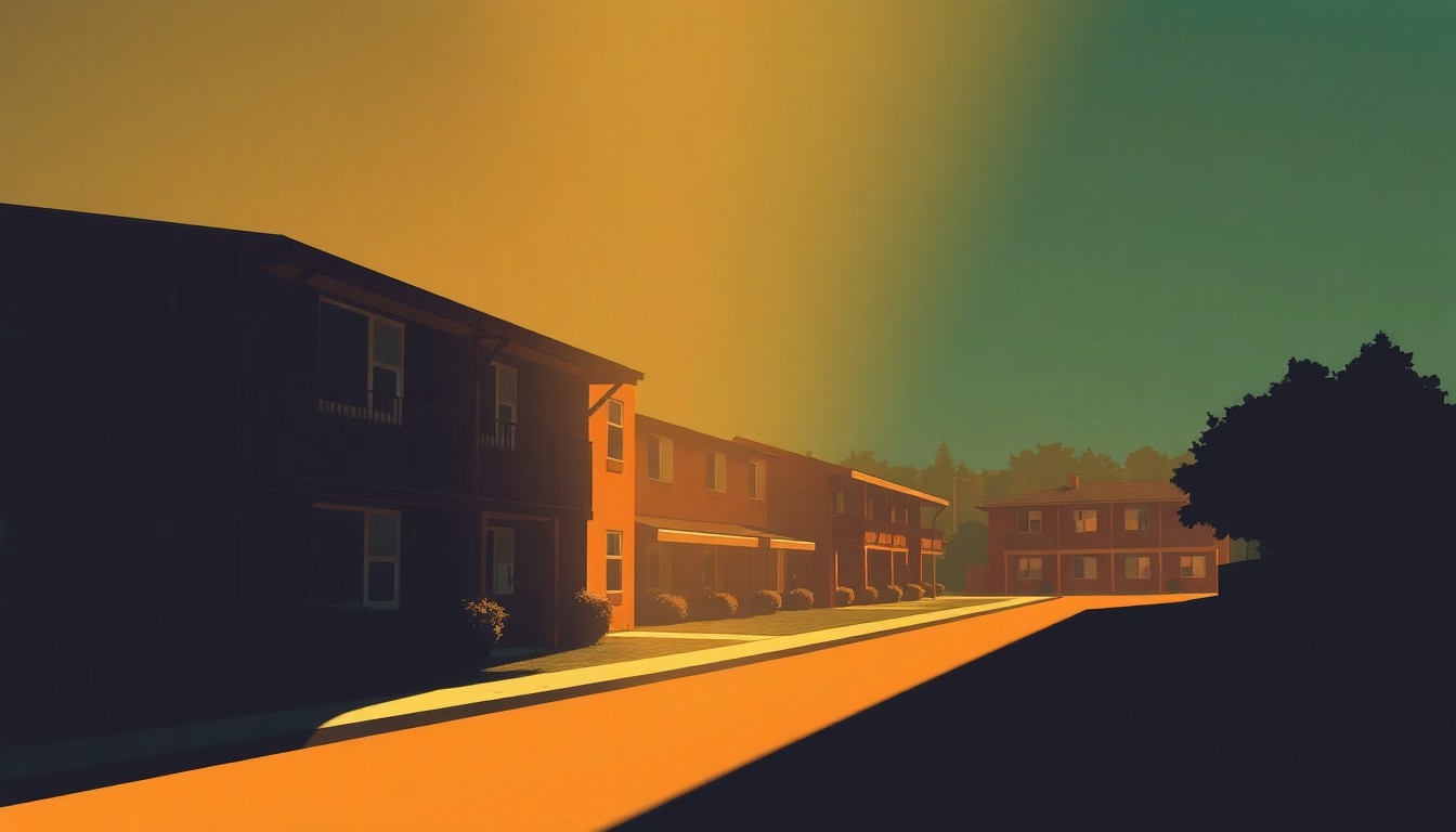 A serene, cinematic painting depicting a multi-story apartment building or housing development in Scotts Valley, California, with warm, golden sunlight casting long shadows across the scene, conveying a sense of quiet contemplation and the tension between progress and preservation.