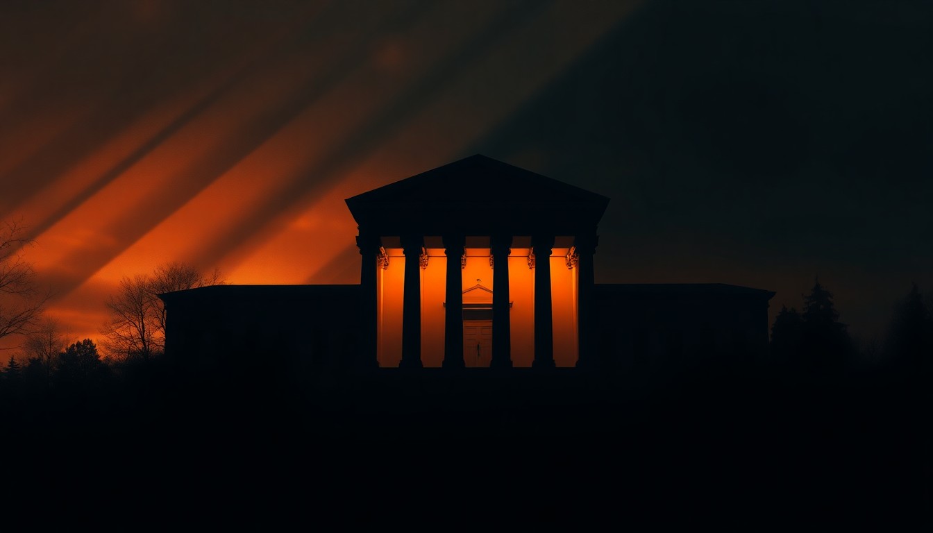 A moody, cinematic painting depicting the silhouette of a government building or courthouse, with warm sunlight casting dramatic shadows across the facade, creating a sense of political tension and unease.