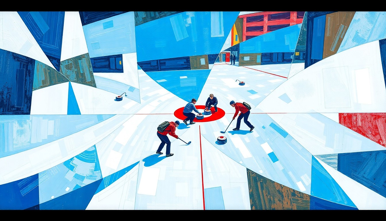 A fractured, cubist-style painting depicting the dynamic motion and energy of a curling match, with overlapping geometric shapes and planes in shades of blue, white, and red.