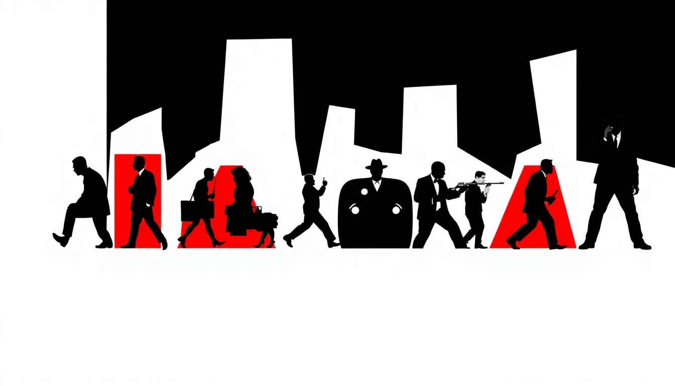 A bold, abstract composition featuring stark geometric shapes and silhouettes in high-contrast colors, conceptually representing the evolution of the crime drama genre through iconic imagery from influential shows.