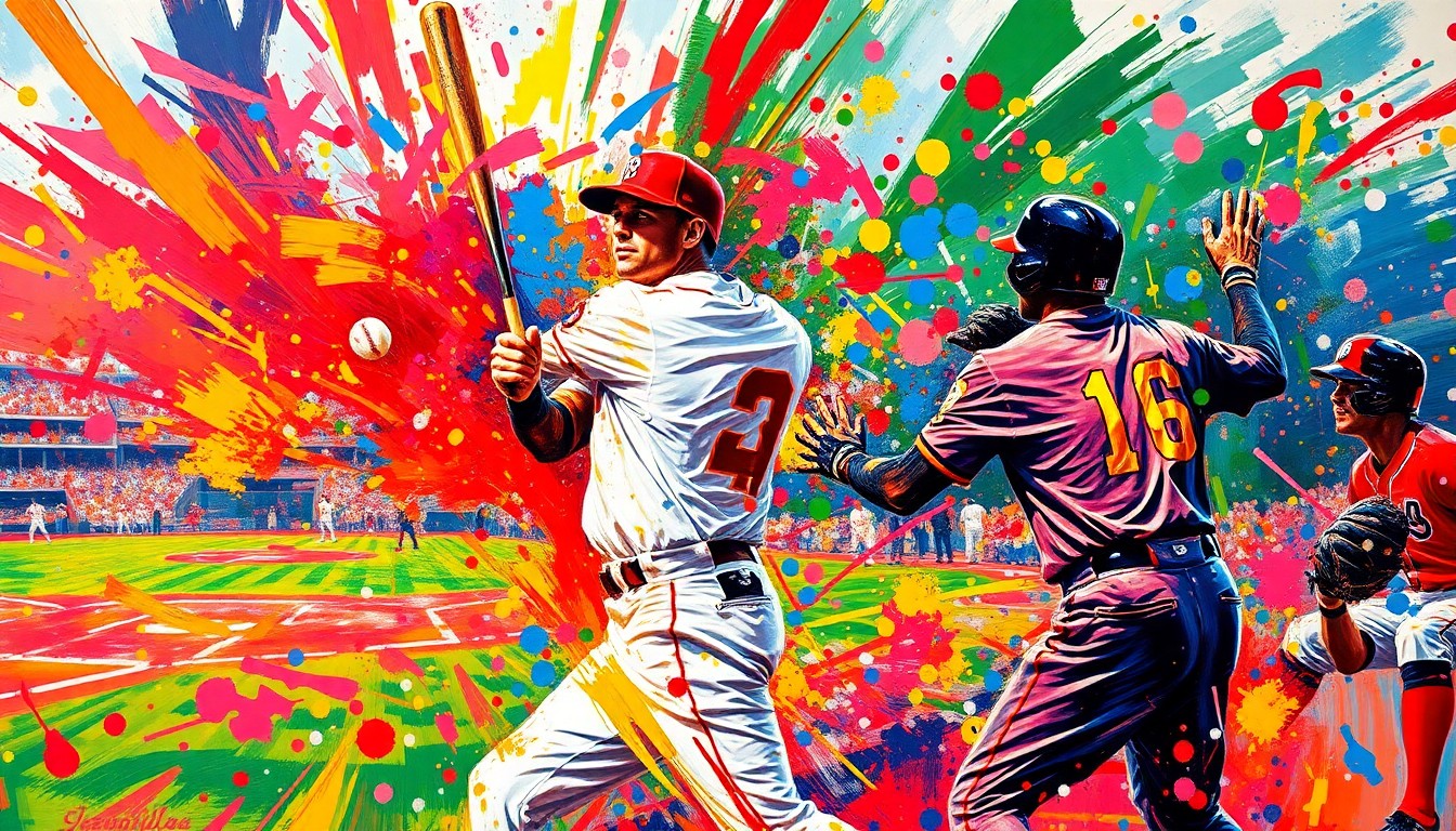 An abstract, energetic painting with bold, neon-colored brushstrokes capturing the intensity and movement of a baseball game, with players' forms dissolving into a vibrant, expressionistic composition.