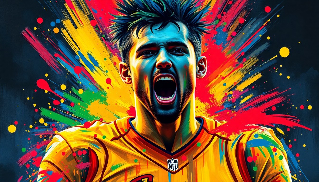 An abstract expressionist painting using vibrant neon brushstrokes to capture the raw energy and emotion of a baseball player's home debut, with his face and uniform dissolving into colorful splatters.