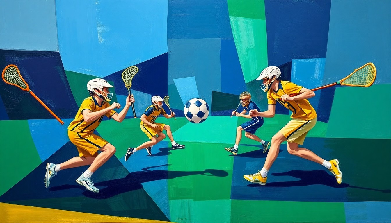 A fragmented, geometric painting in bold blues, greens, and golds, depicting the overlapping movements and trajectories of players and a lacrosse ball on a field, conveying the fast-paced action of the sport.