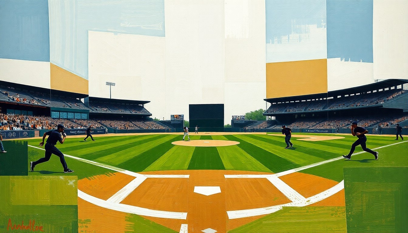 A cubist, geometric painting depicting the fragmented elements of a baseball game - the diamond, players, and field - in an abstract, deconstructed style.