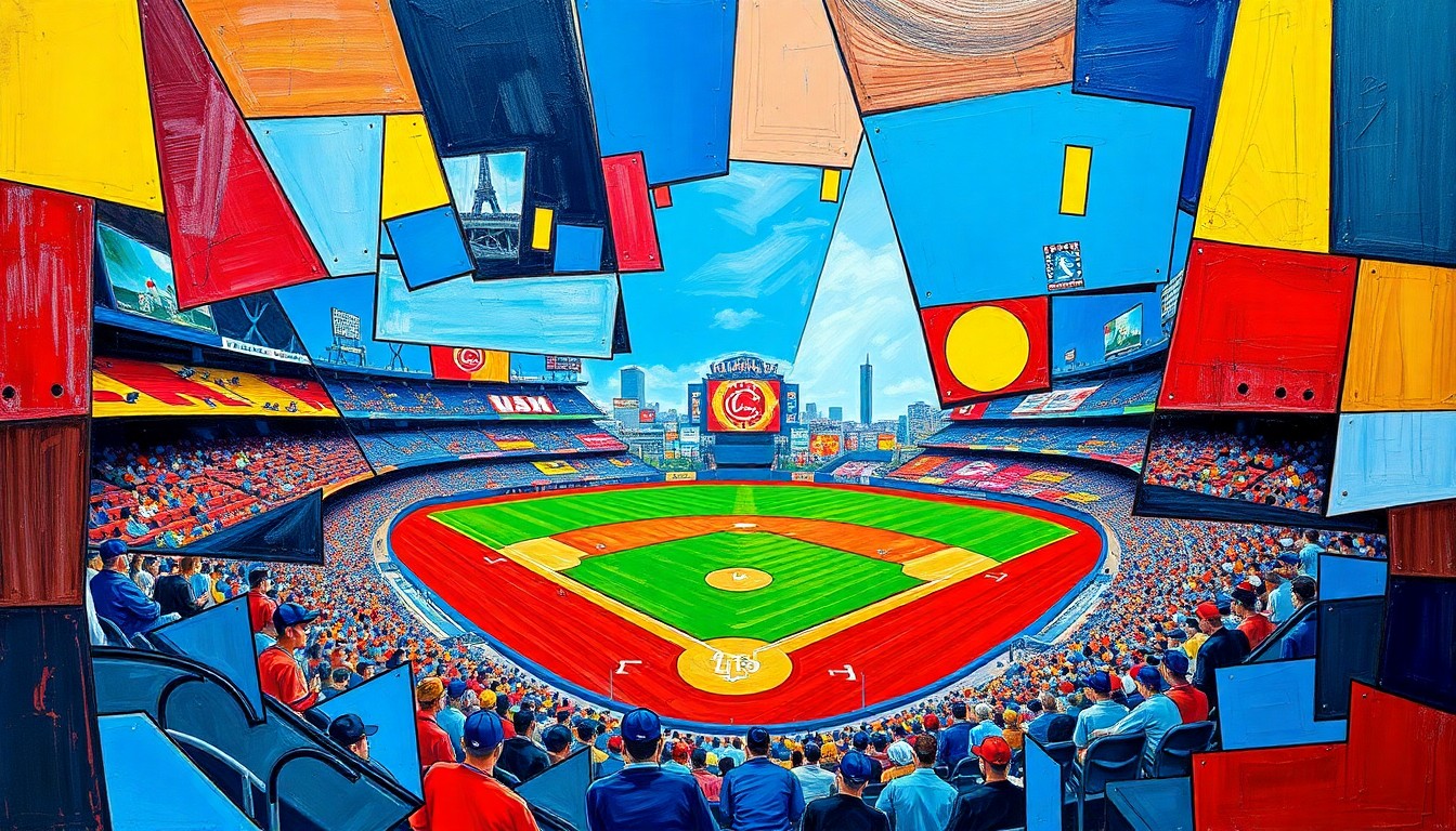 A fractured, cubist-style painting depicting a baseball game, with players and the field broken down into sharp, overlapping geometric shapes in a vibrant color palette of blues, reds, and yellows, conveying the raw energy and potential of the Dodgers' top prospects.