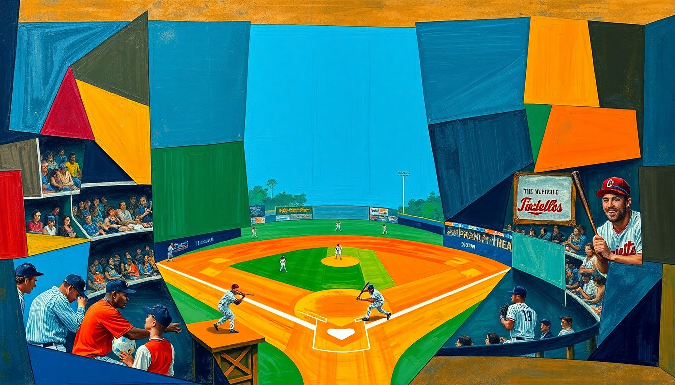 A fragmented, geometric painting depicting the intense action of a baseball game, with sharp planes of color representing the players, bats, and field in an abstract, conceptual style.