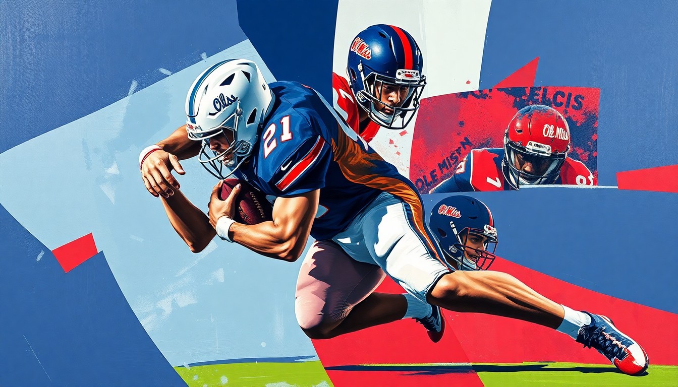 A cubist-style painting depicting a college football linebacker in motion, with the player's body broken down into sharp, overlapping geometric shapes in the team colors of navy blue, powder blue, and red.
