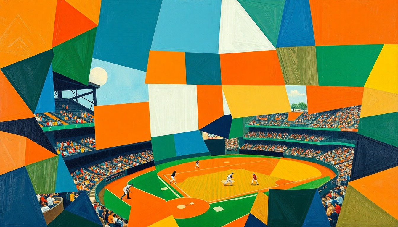 A cubist-style painting featuring overlapping geometric shapes in bright orange, deep blue, and forest green, capturing the dynamic motion and tension of a baseball game.