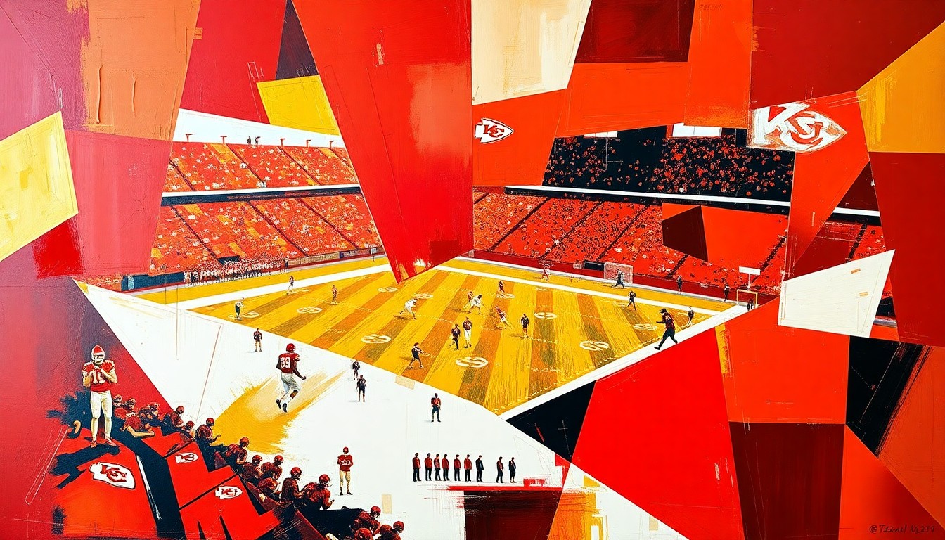 A vibrant, abstract painting depicting a Kansas City Chiefs football game, with sharp geometric shapes and planes of red, gold, and white representing the players, field, and action.