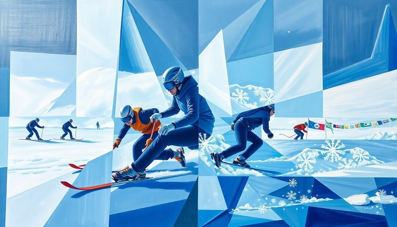 A fractured, geometric painting depicting the motion and energy of a winter sports competition, with sharp planes of blue, white, and silver representing the dynamic movements of the athletes.