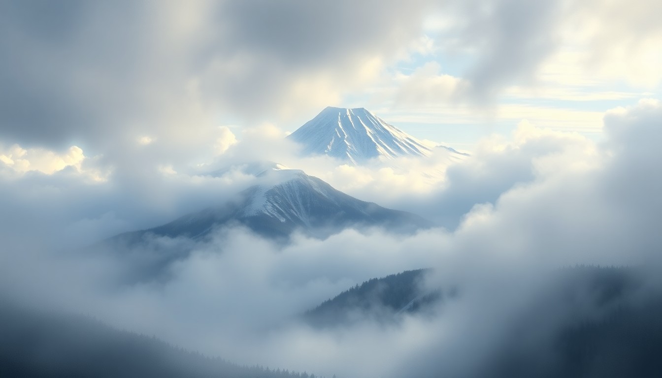 A vast, atmospheric landscape painting depicting Mount Hood shrouded in heavy fog and dramatic lighting, conveying the sublime power of the natural world and the vulnerability of the mountain's snowpack.