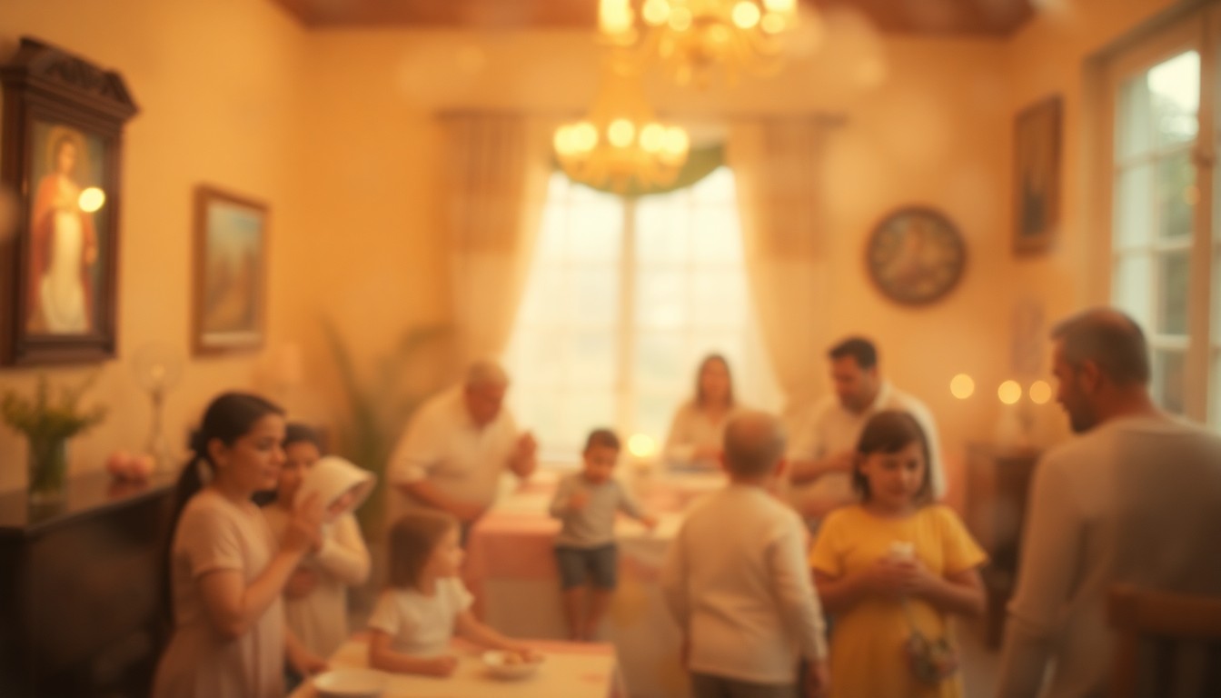 An abstract, dreamlike scene of blurred, warm-toned lifestyle imagery evoking the festive and communal atmosphere of Easter celebrations in Georgia.