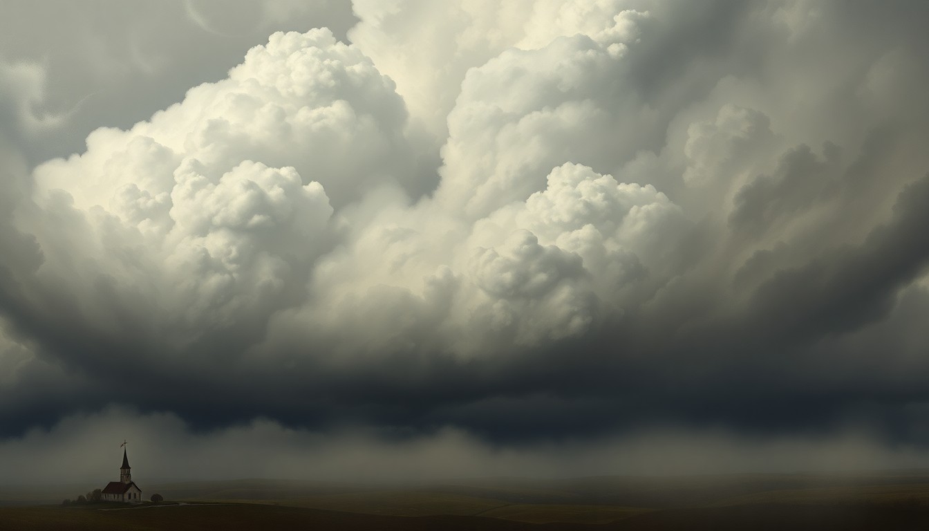 A sweeping, atmospheric landscape painting in muted grays and blues, with a small church steeple barely visible through the heavy, dramatic clouds that dominate the scene, conveying the overwhelming power of the impending storm.