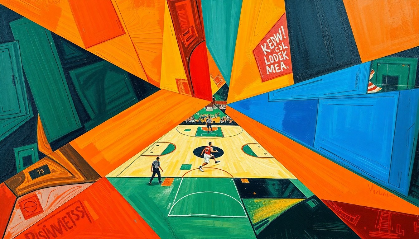 A fragmented, geometric painting in bold, contrasting colors depicting the action and movement of a basketball game, conveying the impact of a key player's departure from the Utah roster.