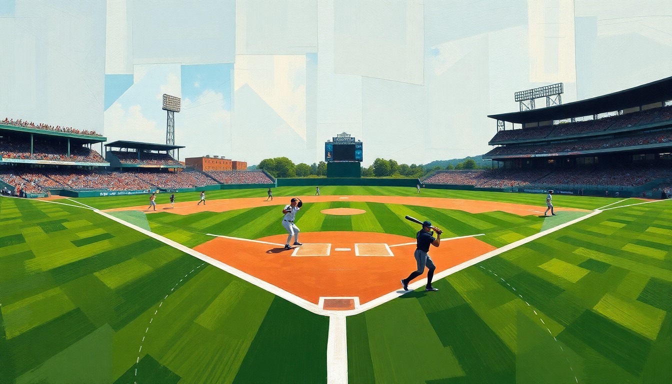 A cubist, geometric painting depicting the fragmented elements of a baseball game, with overlapping planes of green field, white chalk lines, and shadowy player figures, conceptually representing the disruption to the fan experience caused by the new automated challenge system.