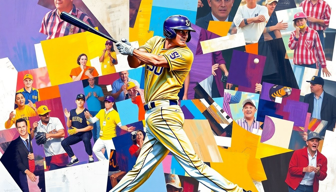 A cubist-style painting depicting a baseball player in mid-swing, with the ball, bat, and player's body fractured into sharp, overlapping geometric shapes in the team colors of LSU and Missouri. The image conveys the raw energy and movement of the game.