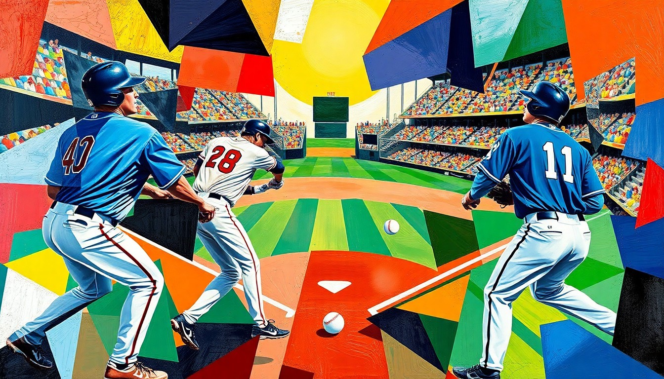 A cubist-style painting depicting a baseball game, with the players, ball, and field broken down into fragmented, overlapping geometric shapes and planes in the team's colors, capturing the dynamic action and tension of the matchup.