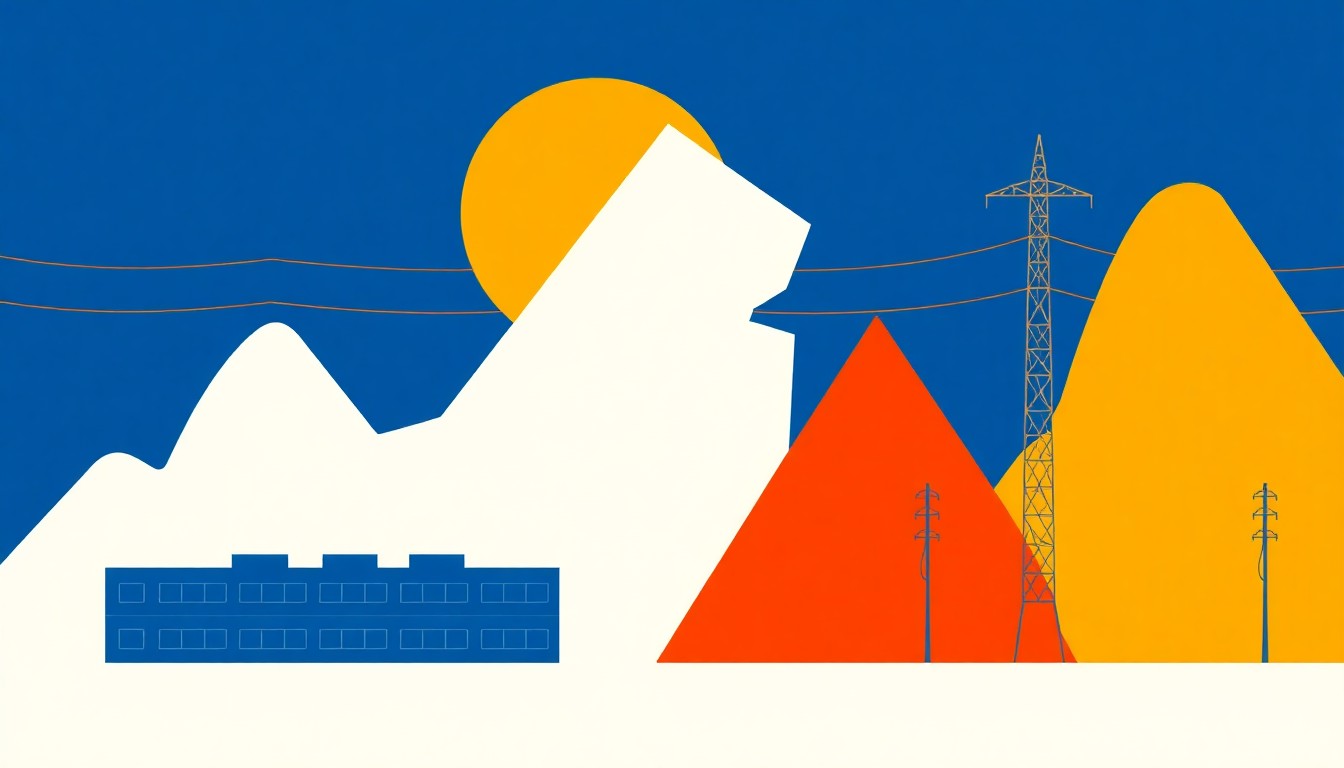 A geometric abstract illustration using bold shapes and primary colors to conceptually represent the growing energy demands of AI data centers and their impact on New Jersey's electricity grid and consumer costs.