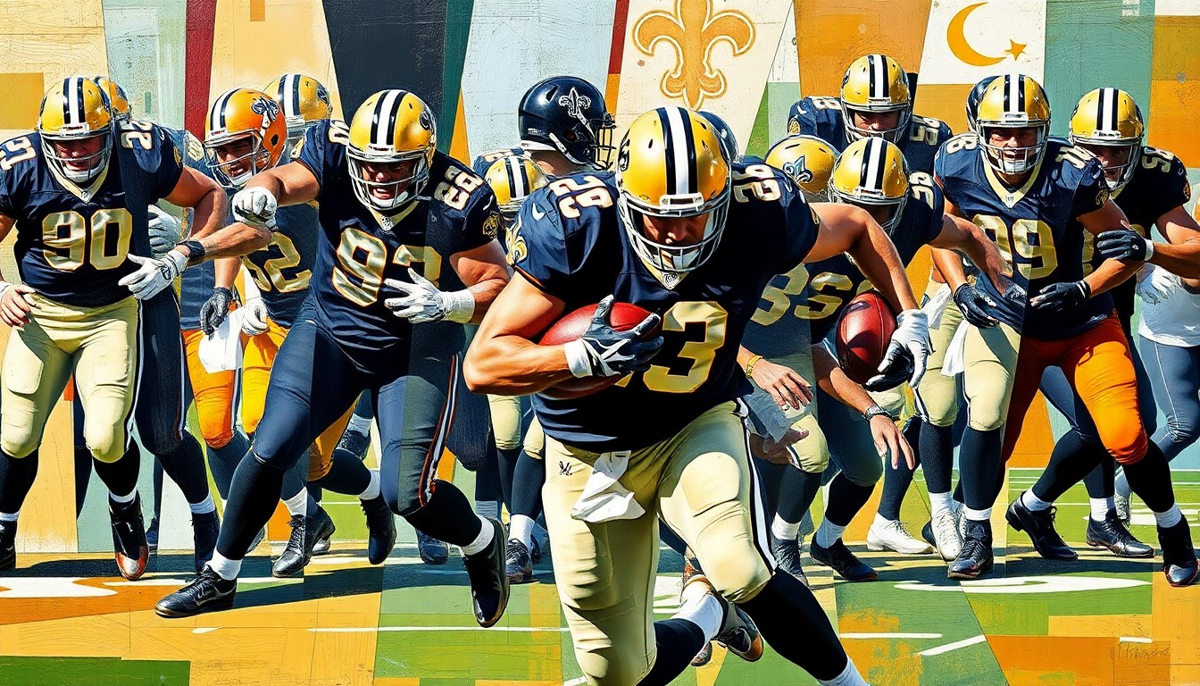 A fragmented, geometric painting in bold colors depicting the explosive movements of a football player rushing the quarterback, conveying the raw energy and power of elite pass rushing.