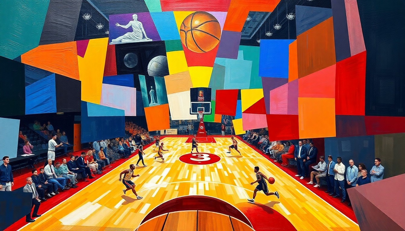 A cubist-style painting featuring overlapping geometric shapes and planes in the team colors of the Charlotte Hornets and Indiana Pacers, capturing the competitive energy and back-and-forth action of the opening period of their NBA game.