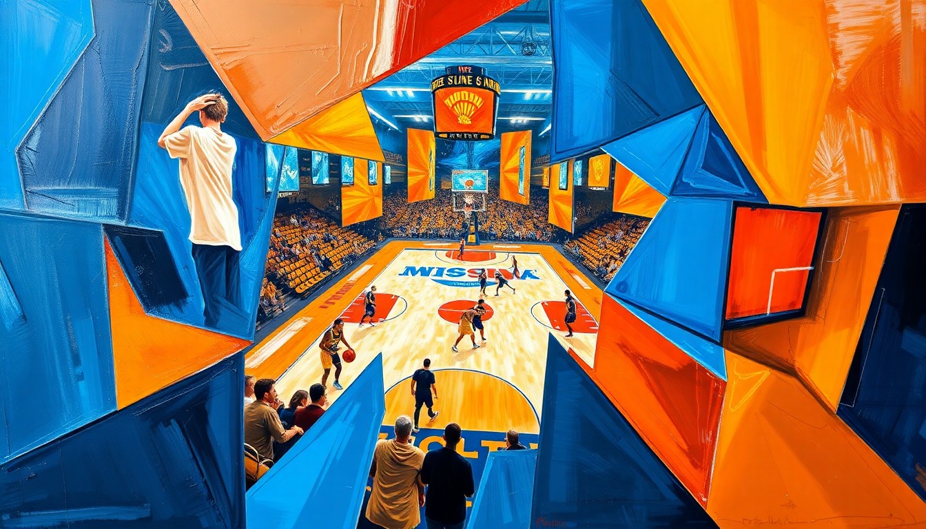 A cubist, geometric painting depicting a fragmented WNBA basketball game, with sharp planes of color and overlapping shapes representing the dynamic action of the sport.
