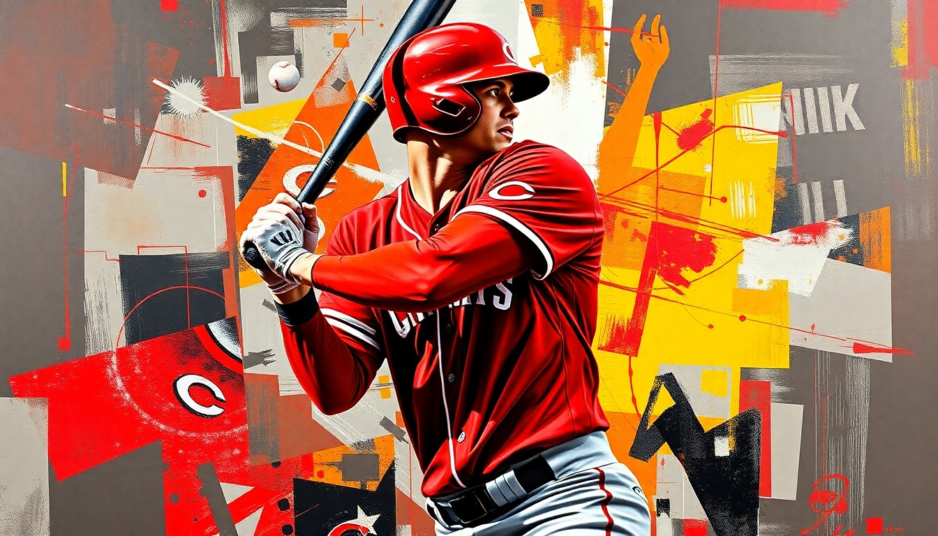 A fragmented, geometric painting depicting a baseball player batting, with sharp planes of bright red, black, and silver colors representing the Cincinnati Reds' uniform. The abstract, deconstructed style captures the energy and complexity of the young player's game.