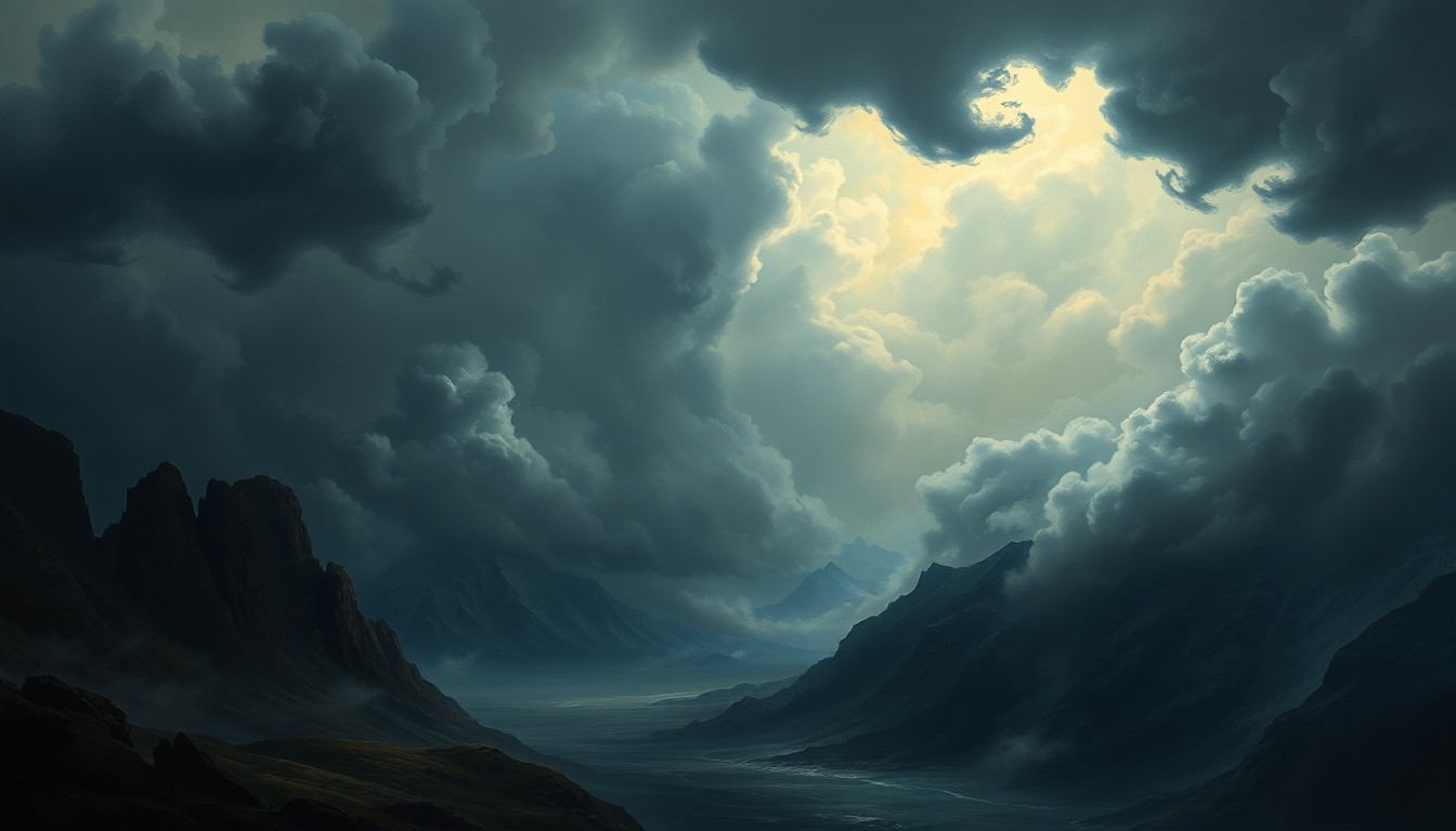 A vast, atmospheric landscape painting depicting a violent storm, with dark, swirling clouds and dramatic lighting dominating the frame and dwarfing any physical structures or debris.