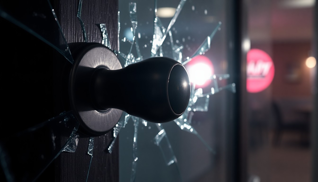 An extreme close-up photograph of a shattered glass door handle reflecting the harsh light of a camera flash, conceptually illustrating the aftermath of a targeted break-in at a small family restaurant.